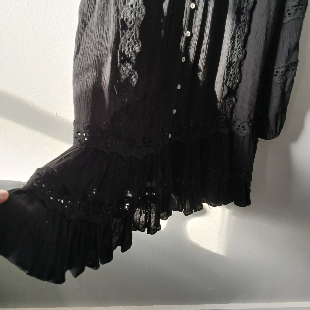 Free People Size Small Snow Angel Mini Dress Black Long Sleeve Bohemian Slip - Picture 8 of 13